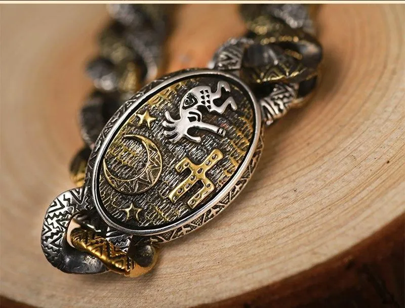 925 Sterling Silver Retro Indian Stamp Vintage Cool Punk Bracelet for Men