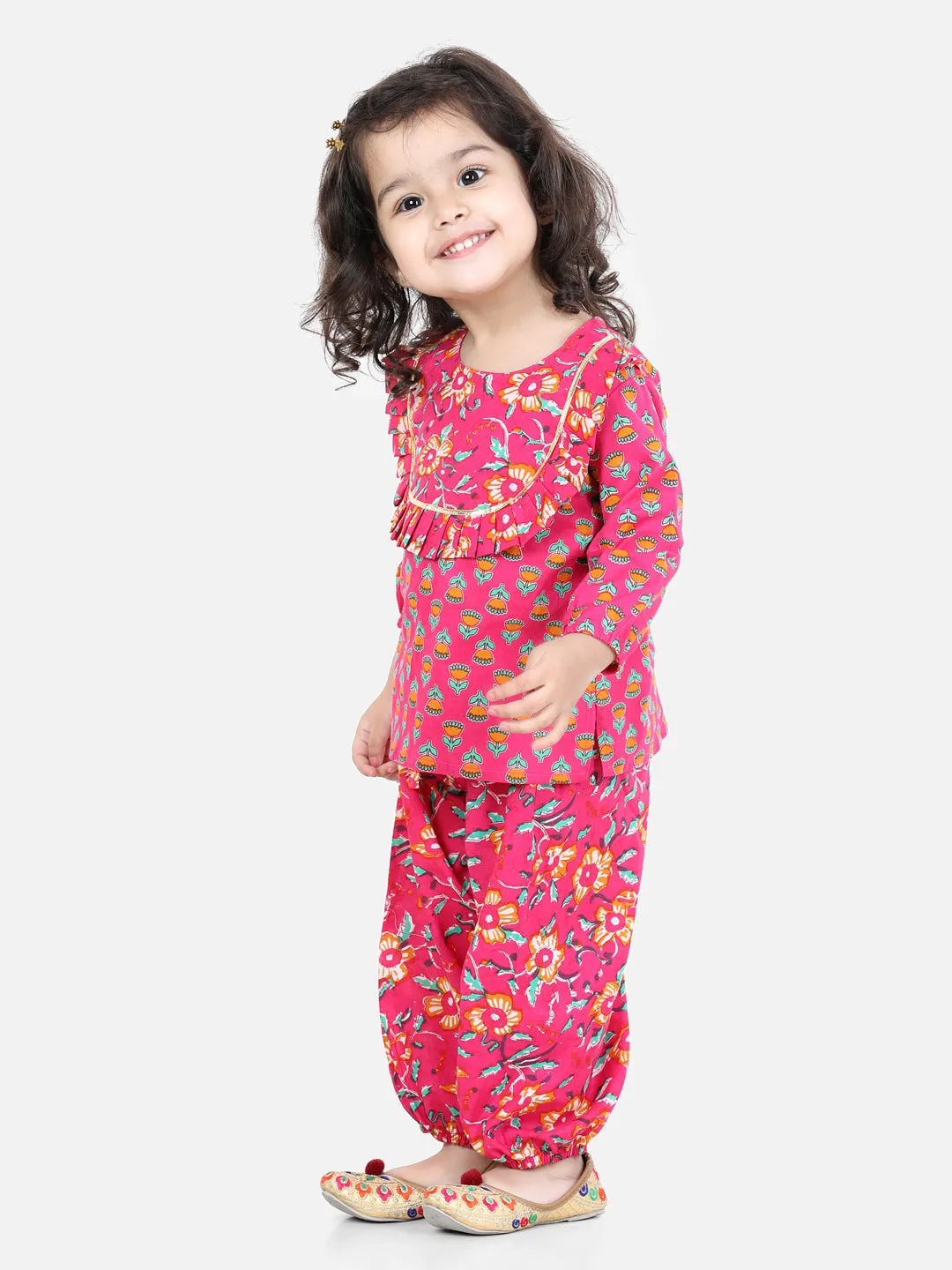 Girls Pure Cotton Printed Top Harem Pant Indo Western Clothing Set - Pink