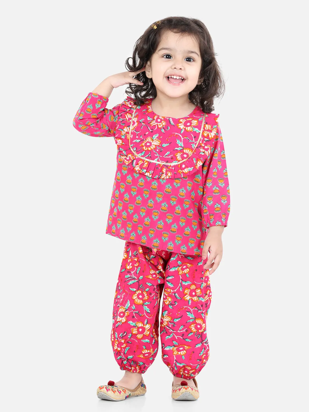 Girls Pure Cotton Printed Top Harem Pant Indo Western Clothing Set - Pink