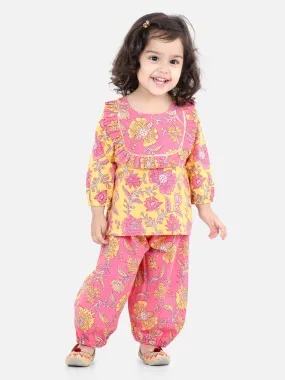 Girls Pure Cotton Printed Top Harem Pant Indo Western Clothing Set -Yellow