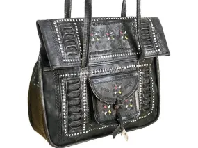 Leather Tote Bag - Chkara - Embroidered - Black