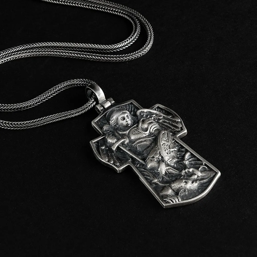 Saint Michael Archangel Silver Cross Necklace Men's Christian Religious Jewelry Gift